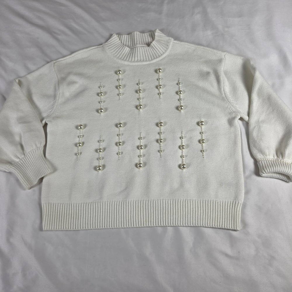 Karl‎ Lagerfeld Paris White Sweater Mock Neck Pearl Embellished Size L